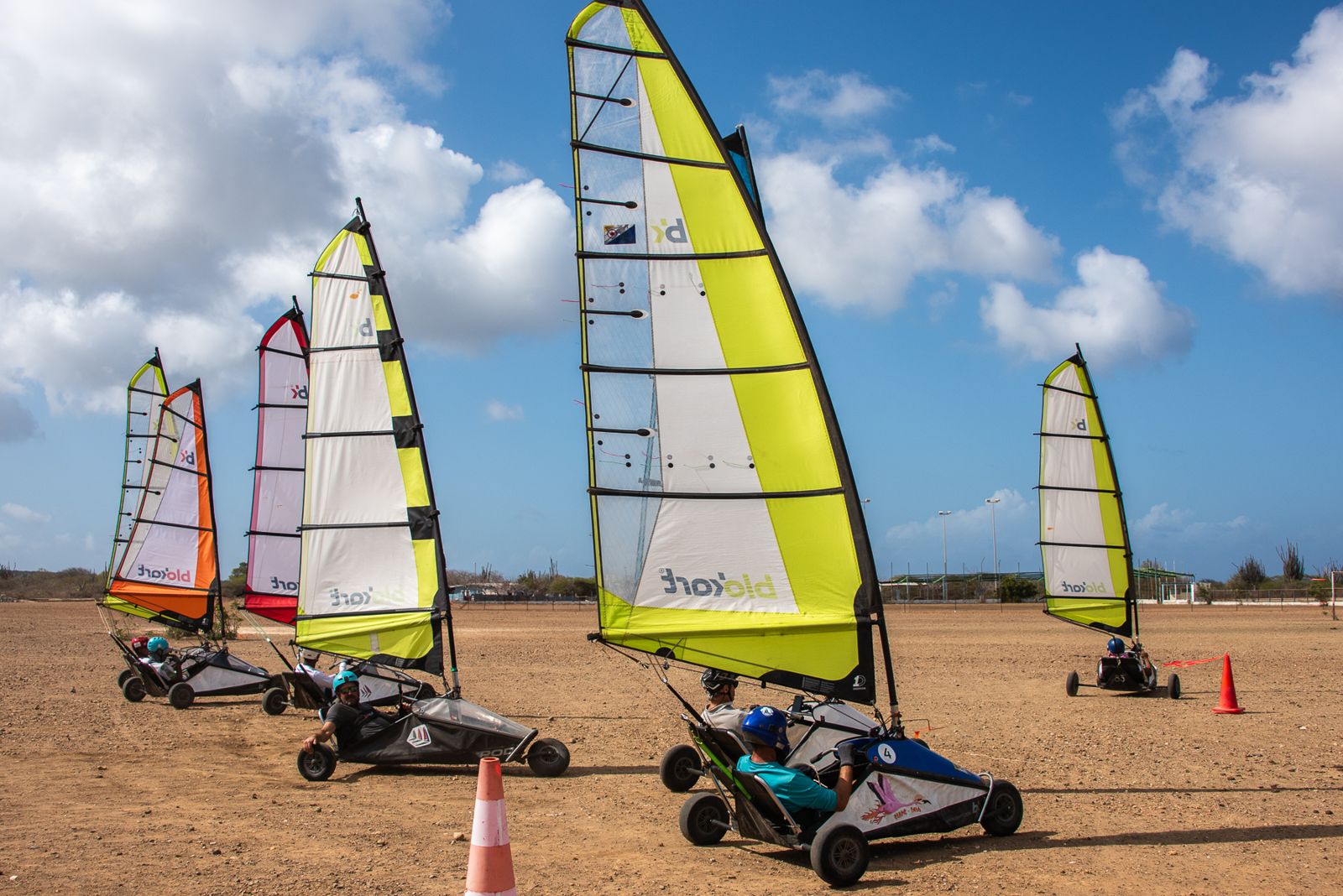 A fleet of blokarts at the start of a race on Bonaire